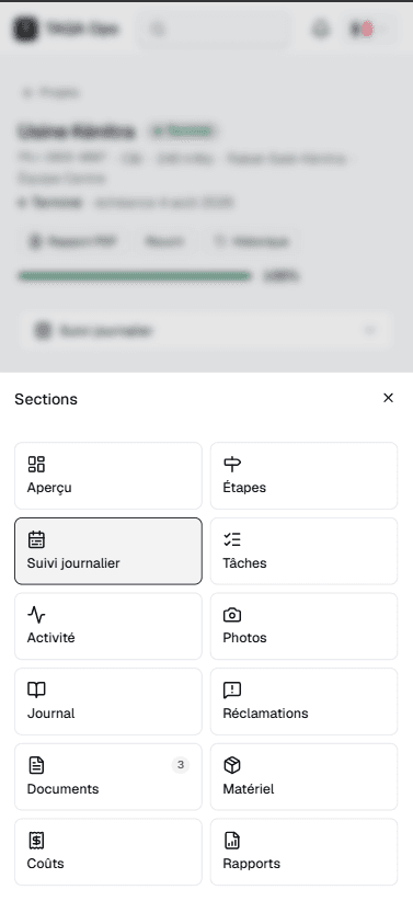 Modules d’un chantier dans TAQA Ops : journal, photos, réclamations, coûts et rapports